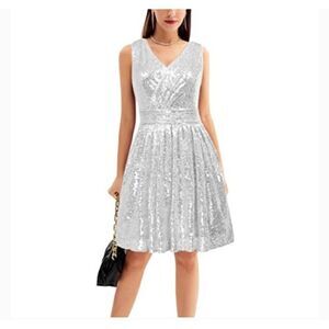 Kate Kasin Silver Sequin Cocktail Dress, NWOT, Sz. 14